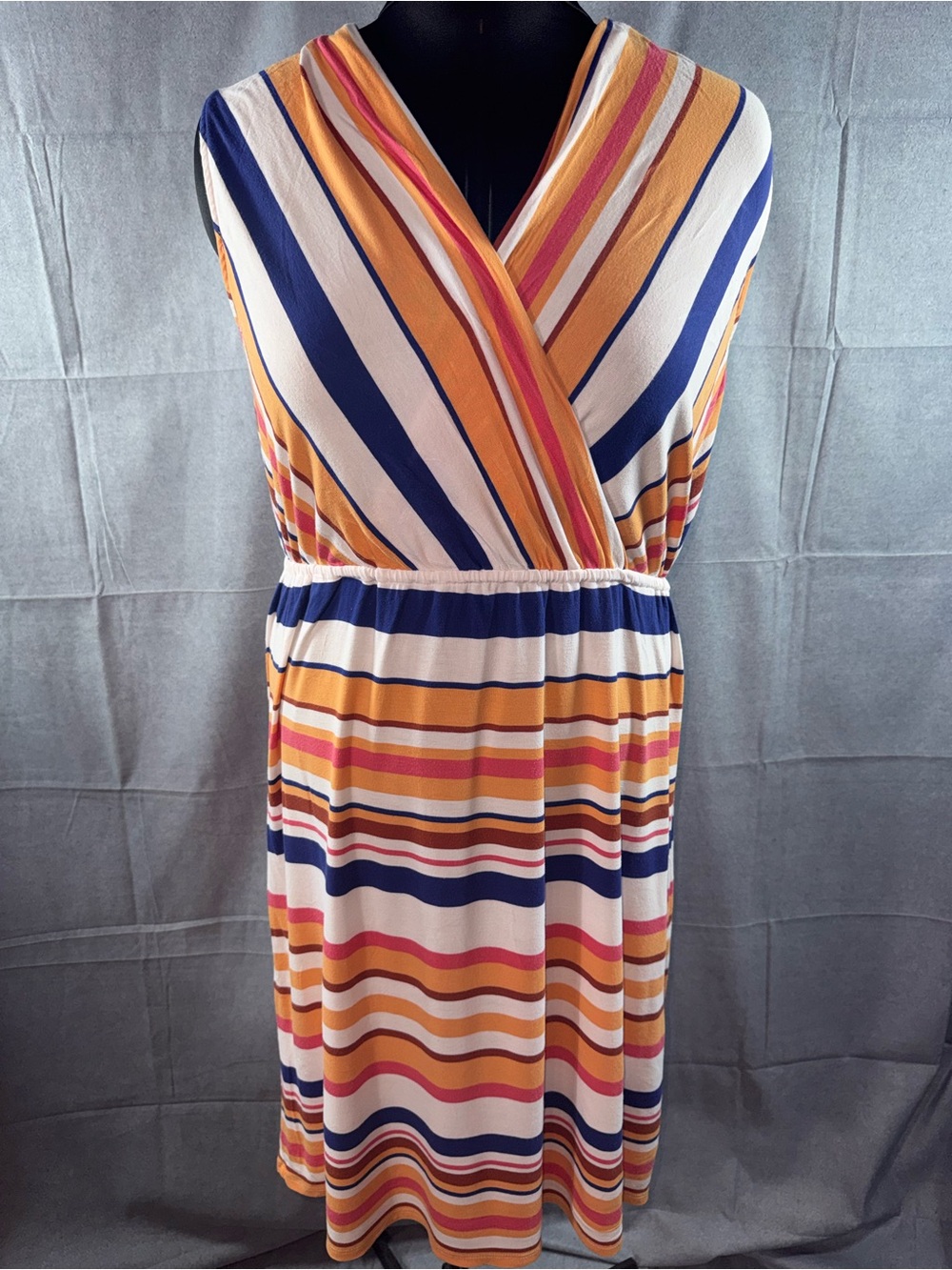 3211-Merona Striped Maxi Dress in Navy, Mustard, Pink and White